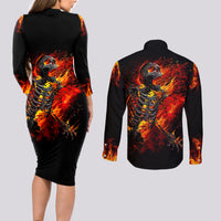 Fire Skull Couples Matching Long Sleeve Bodycon Dress and Long Sleeve Button Shirts Dead Fire Skeleton Scream - Wonder Print Shop