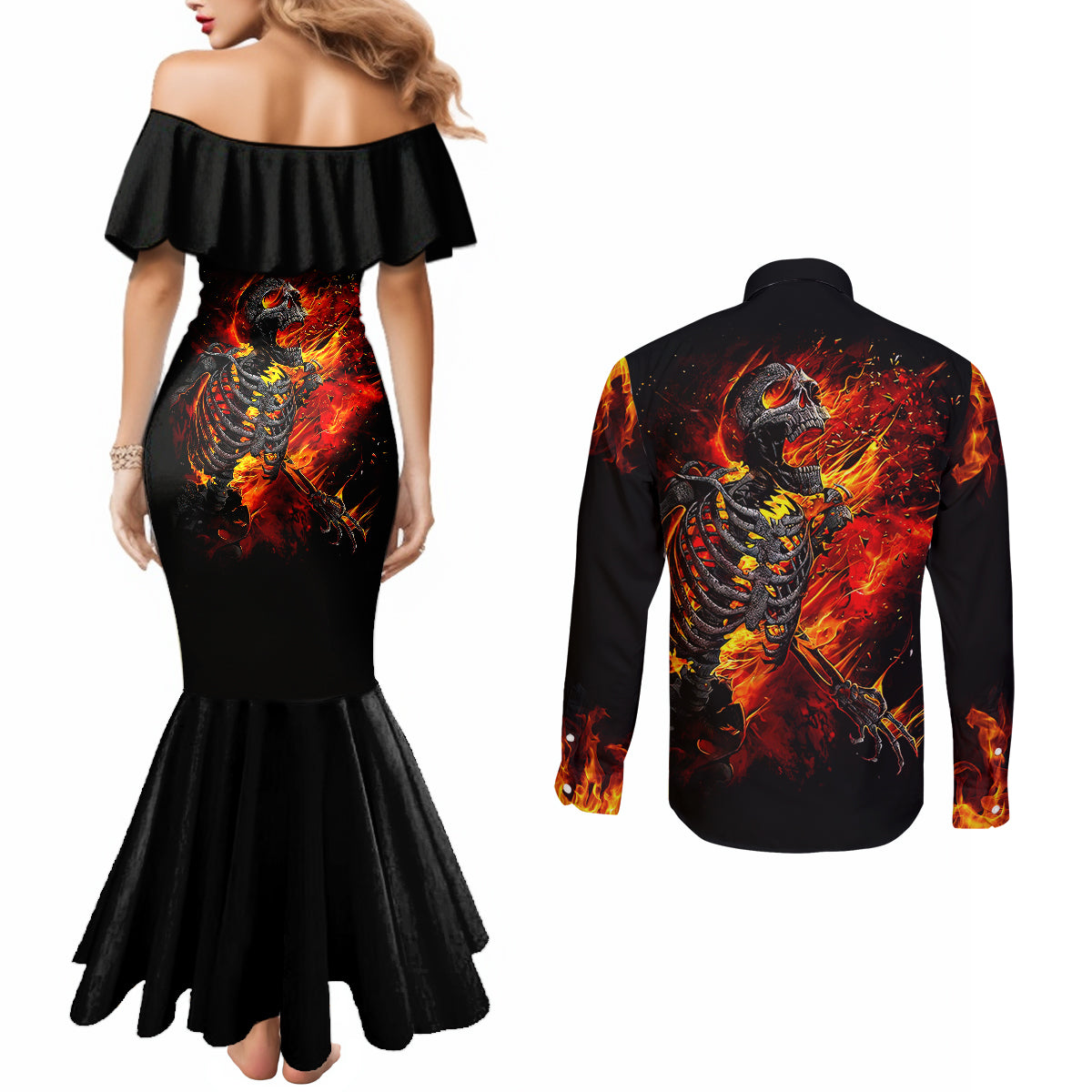 fire-skull-couples-matching-mermaid-dress-and-long-sleeve-button-shirts-dead-fire-skeleton-scream
