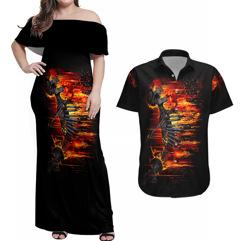 Fire Skull Couples Matching Off Shoulder Maxi Dress and Hawaiian Shirt Dead Fire Skeleton Scream - Wonder Print Shop