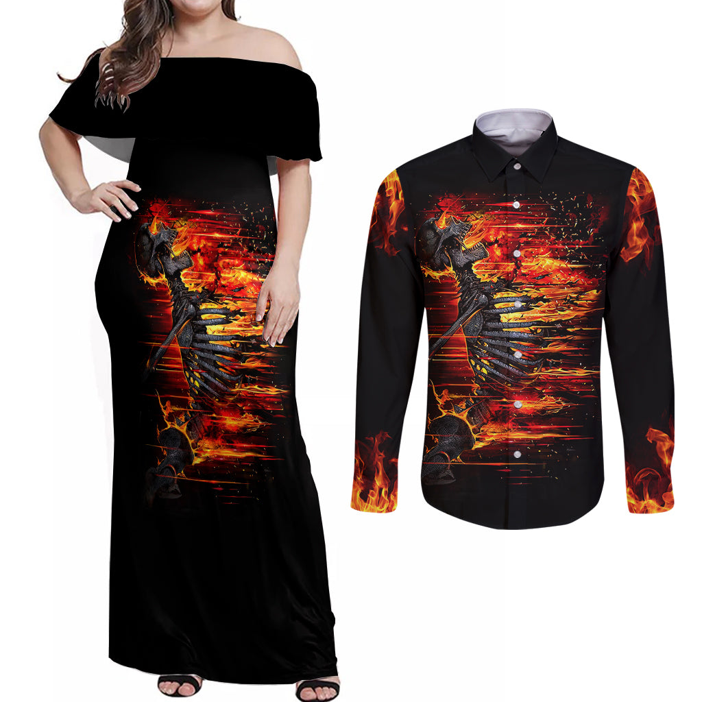 Fire Skull Couples Matching Off Shoulder Maxi Dress and Long Sleeve Button Shirts Dead Fire Skeleton Scream - Wonder Print Shop