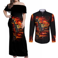 Fire Skull Couples Matching Off Shoulder Maxi Dress and Long Sleeve Button Shirts Dead Fire Skeleton Scream - Wonder Print Shop