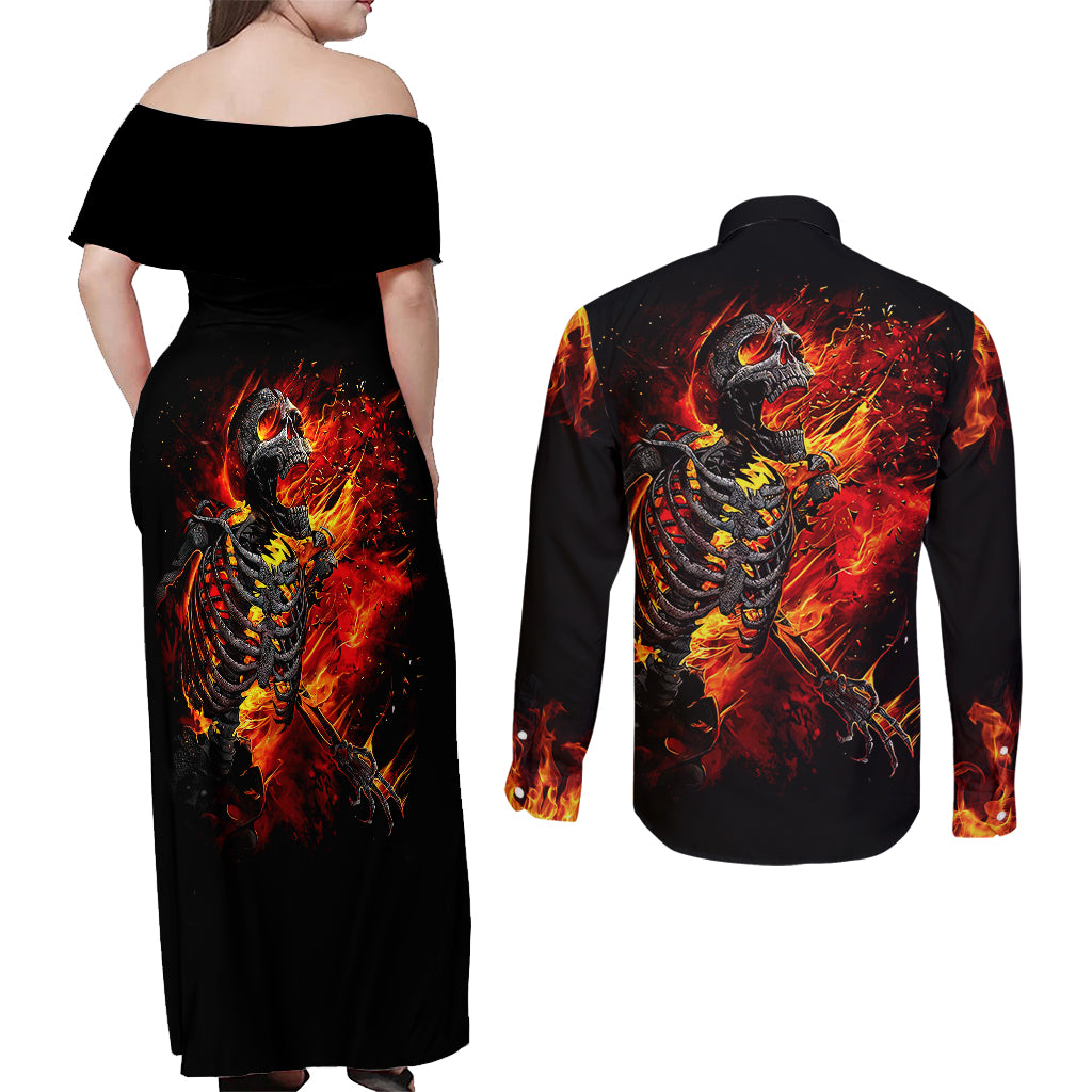 Fire Skull Couples Matching Off Shoulder Maxi Dress and Long Sleeve Button Shirts Dead Fire Skeleton Scream - Wonder Print Shop