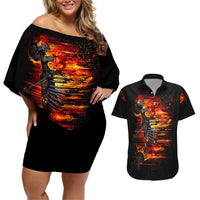 Fire Skull Couples Matching Off Shoulder Short Dress and Hawaiian Shirt Dead Fire Skeleton Scream - Wonder Print Shop