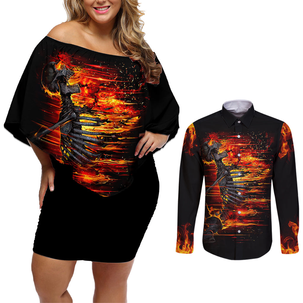 Fire Skull Couples Matching Off Shoulder Short Dress and Long Sleeve Button Shirts Dead Fire Skeleton Scream - Wonder Print Shop