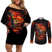 Fire Skull Couples Matching Off Shoulder Short Dress and Long Sleeve Button Shirts Dead Fire Skeleton Scream - Wonder Print Shop