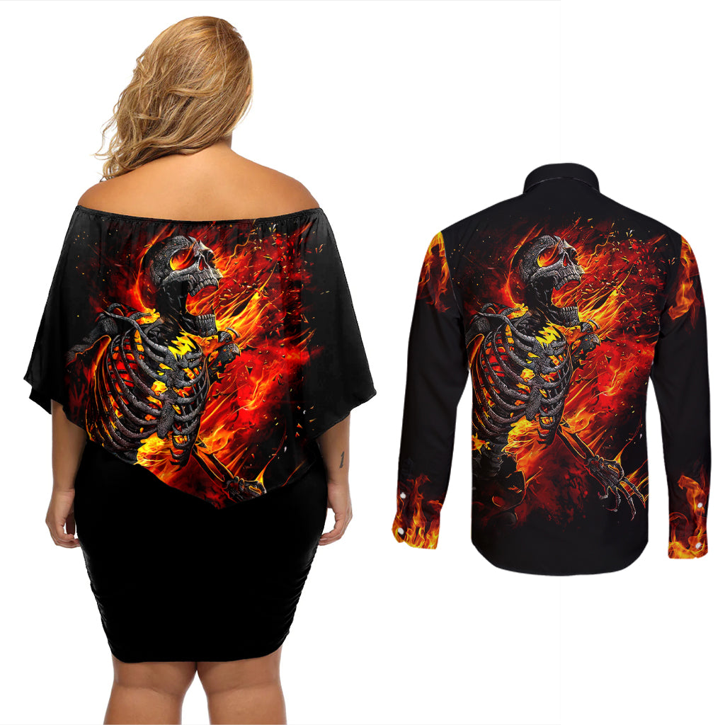 Fire Skull Couples Matching Off Shoulder Short Dress and Long Sleeve Button Shirts Dead Fire Skeleton Scream - Wonder Print Shop
