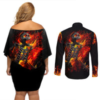 Fire Skull Couples Matching Off Shoulder Short Dress and Long Sleeve Button Shirts Dead Fire Skeleton Scream - Wonder Print Shop