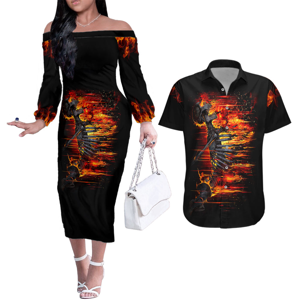 Fire Skull Couples Matching Off The Shoulder Long Sleeve Dress and Hawaiian Shirt Dead Fire Skeleton Scream - Wonder Print Shop