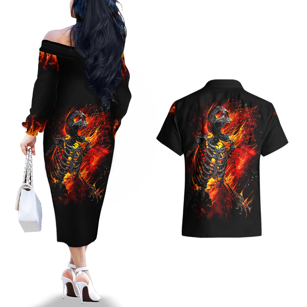 Fire Skull Couples Matching Off The Shoulder Long Sleeve Dress and Hawaiian Shirt Dead Fire Skeleton Scream - Wonder Print Shop