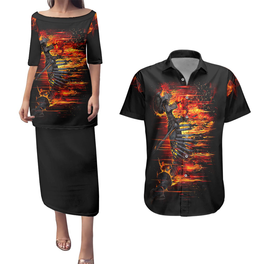Fire Skull Couples Matching Puletasi Dress and Hawaiian Shirt Dead Fire Skeleton Scream - Wonder Print Shop