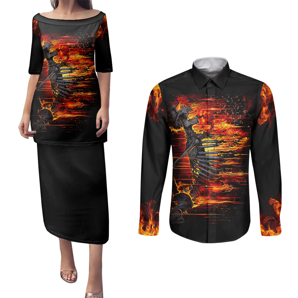 Fire Skull Couples Matching Puletasi Dress and Long Sleeve Button Shirts Dead Fire Skeleton Scream - Wonder Print Shop