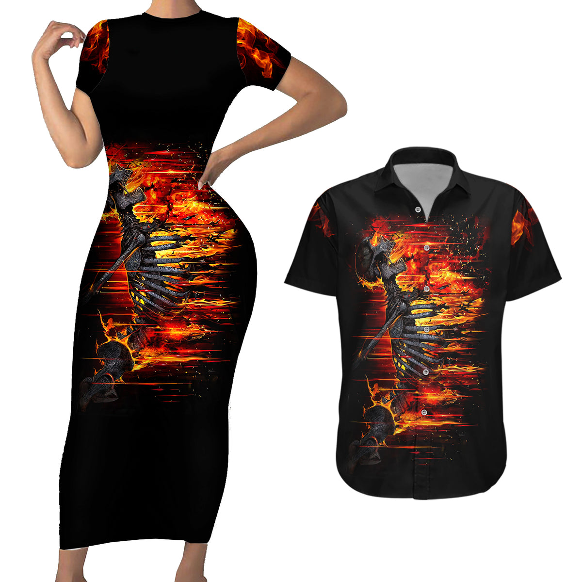 Fire Skull Couples Matching Short Sleeve Bodycon Dress and Hawaiian Shirt Dead Fire Skeleton Scream - Wonder Print Shop