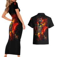 Fire Skull Couples Matching Short Sleeve Bodycon Dress and Hawaiian Shirt Dead Fire Skeleton Scream - Wonder Print Shop