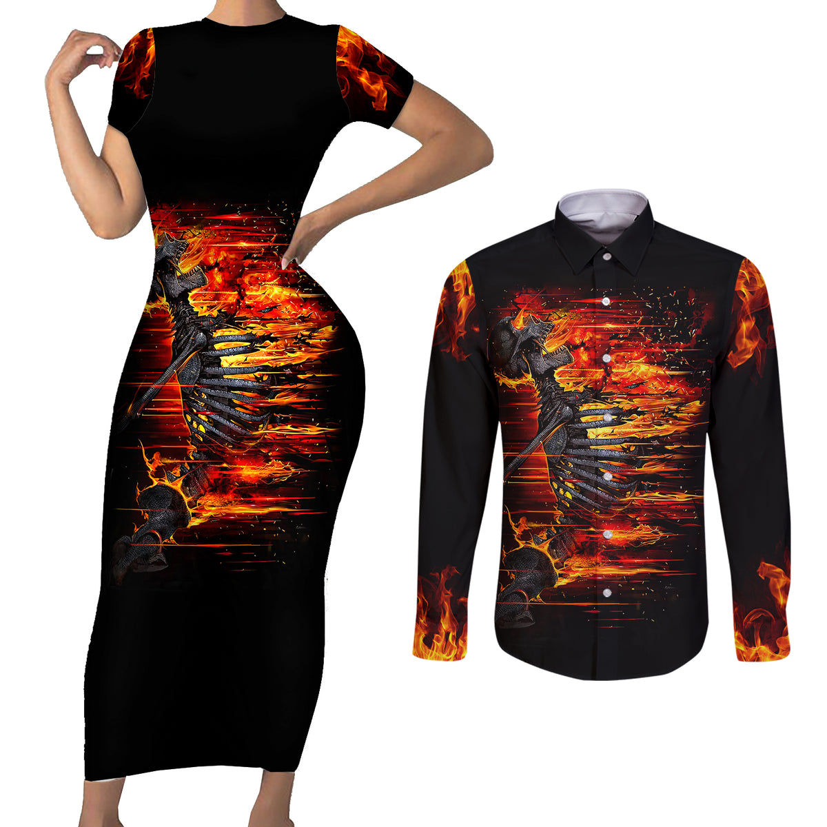 Fire Skull Couples Matching Short Sleeve Bodycon Dress and Long Sleeve Button Shirts Dead Fire Skeleton Scream - Wonder Print Shop