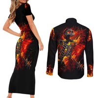 Fire Skull Couples Matching Short Sleeve Bodycon Dress and Long Sleeve Button Shirts Dead Fire Skeleton Scream - Wonder Print Shop