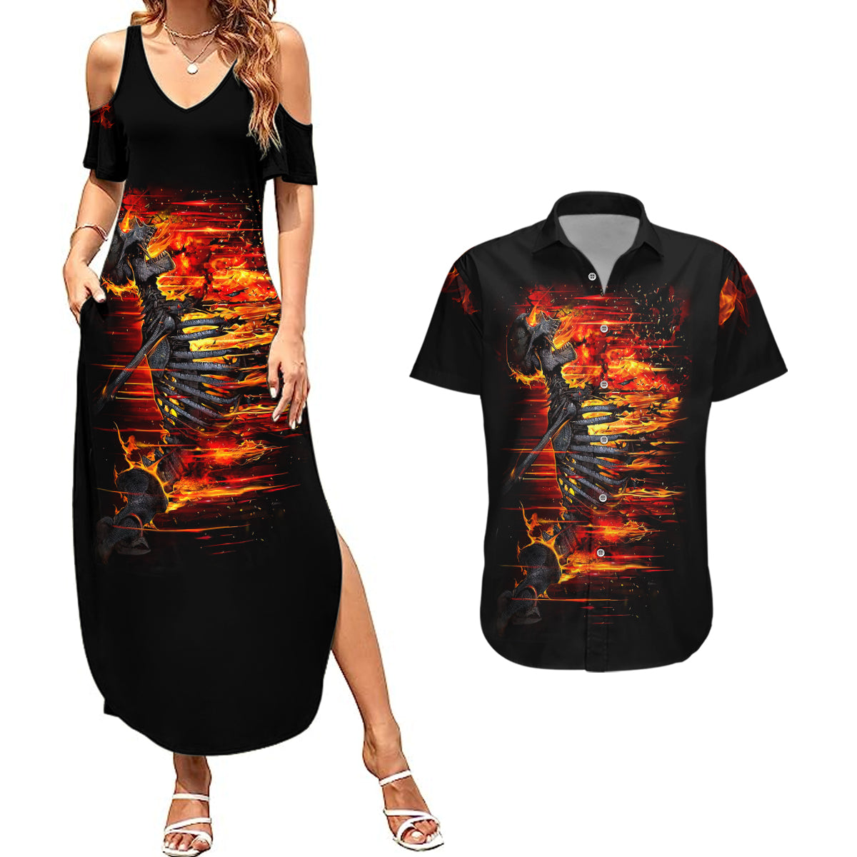 Fire Skull Couples Matching Summer Maxi Dress and Hawaiian Shirt Dead Fire Skeleton Scream - Wonder Print Shop