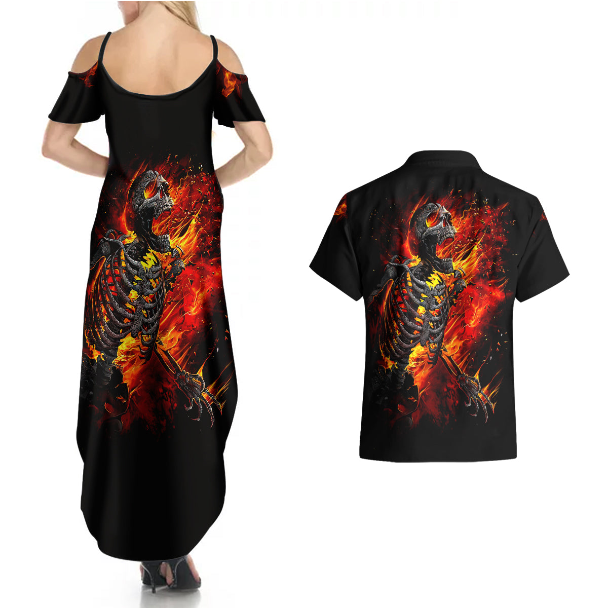 Fire Skull Couples Matching Summer Maxi Dress and Hawaiian Shirt Dead Fire Skeleton Scream - Wonder Print Shop