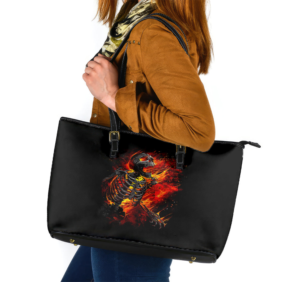 Fire Skull Leather Tote Bag Dead Fire Skeleton Scream - Wonder Print Shop