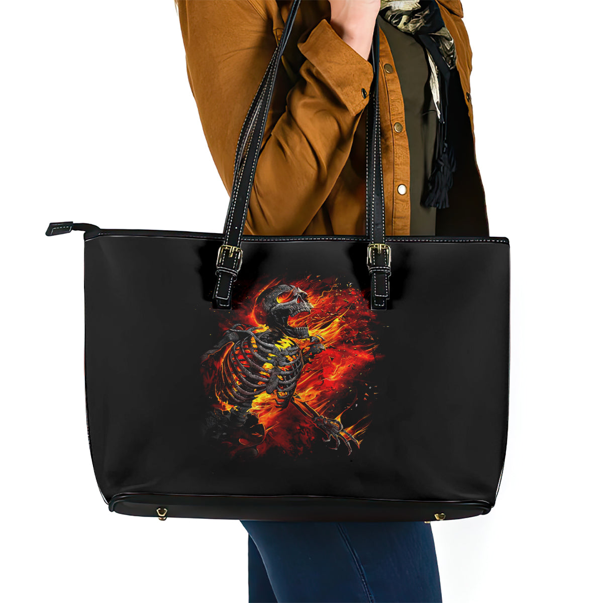Fire Skull Leather Tote Bag Dead Fire Skeleton Scream - Wonder Print Shop