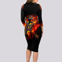 Fire Skull Long Sleeve Bodycon Dress Dead Fire Skeleton Scream - Wonder Print Shop
