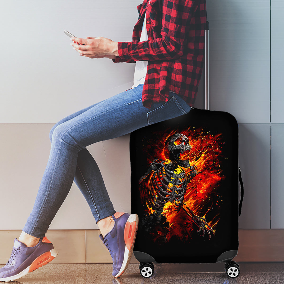 Fire Skull Luggage Cover Dead Fire Skeleton Scream - Wonder Print Shop