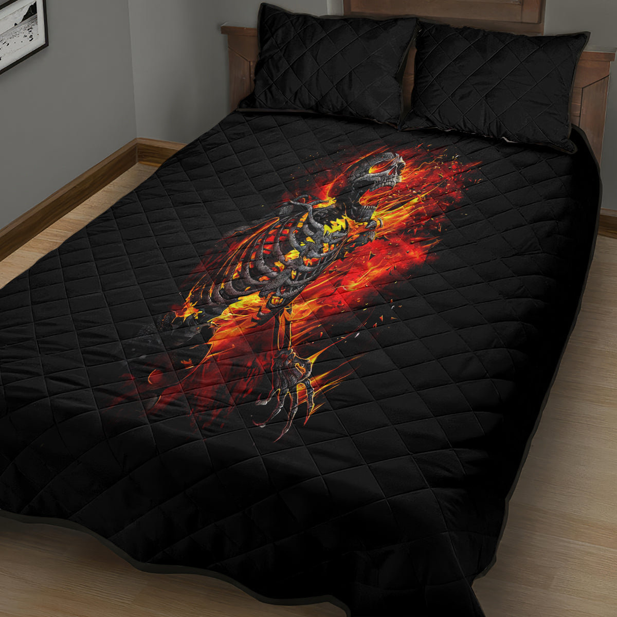 Fire Skull Quilt Bed Set Dead Fire Skeleton Scream - Wonder Print Shop