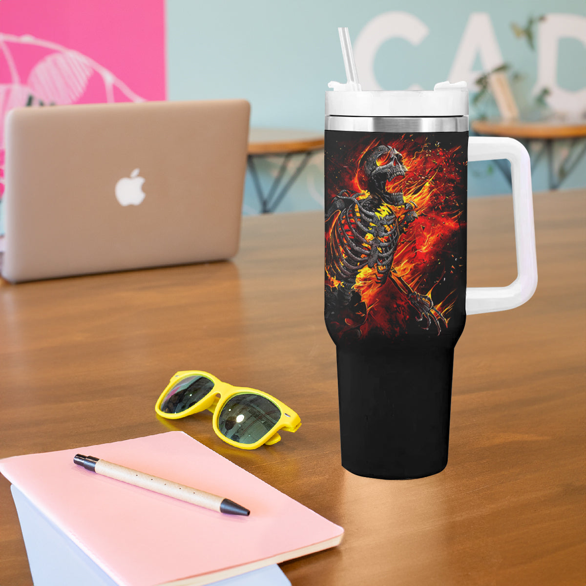 Fire Skull Tumbler With Handle Dead Fire Skeleton Scream - Wonder Print Shop