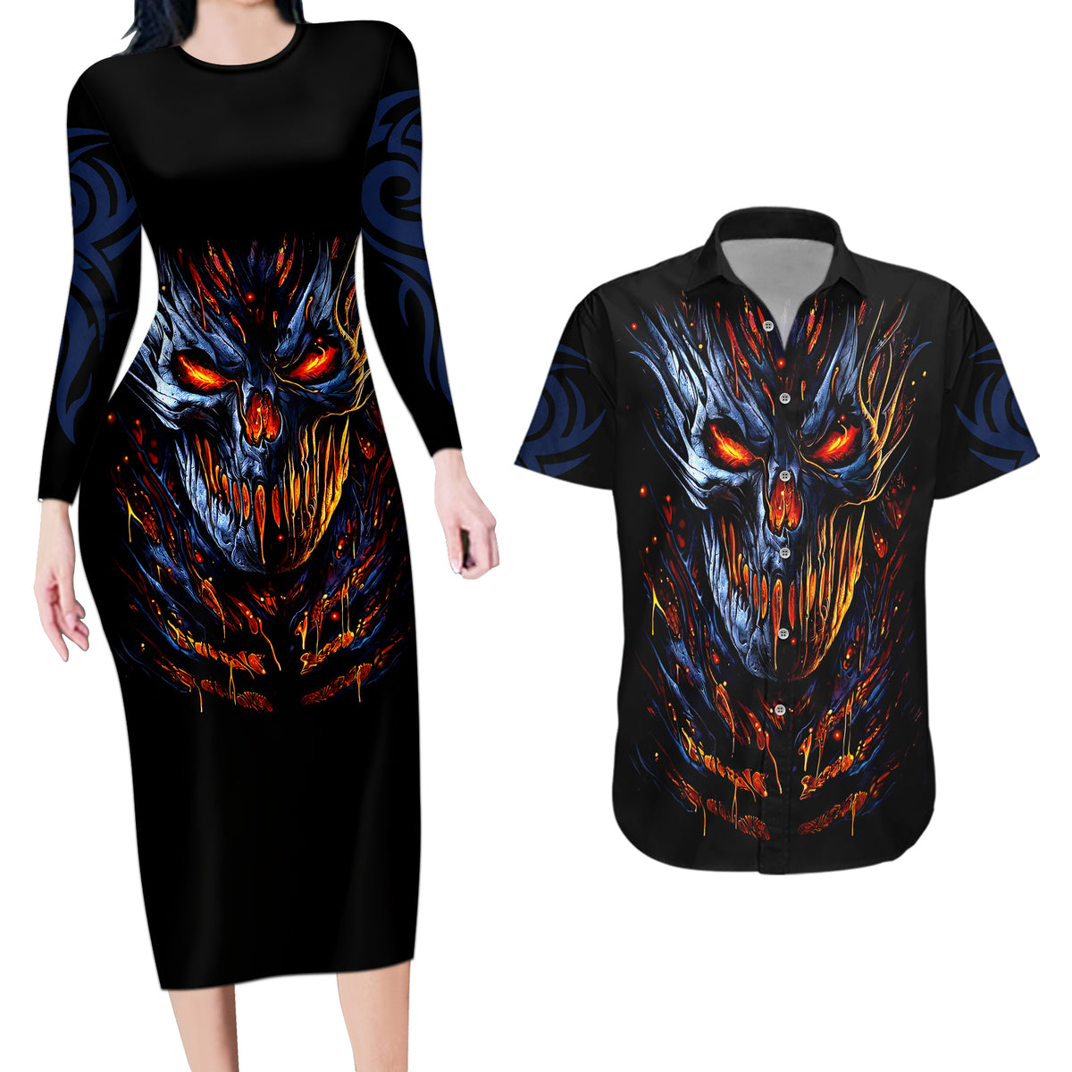 Devil Skull Couples Matching Long Sleeve Bodycon Dress and Hawaiian Shirt Devil Face Scream - Wonder Print Shop