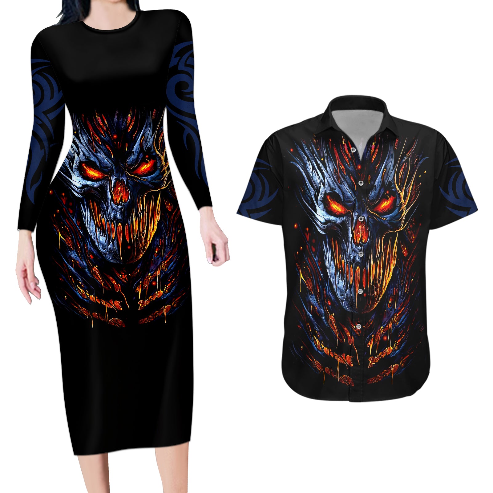 Devil Skull Couples Matching Long Sleeve Bodycon Dress and Hawaiian Shirt Devil Face Scream - Wonder Print Shop