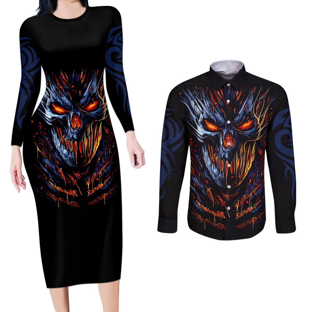 Devil Skull Couples Matching Long Sleeve Bodycon Dress and Long Sleeve Button Shirts Devil Face Scream - Wonder Print Shop
