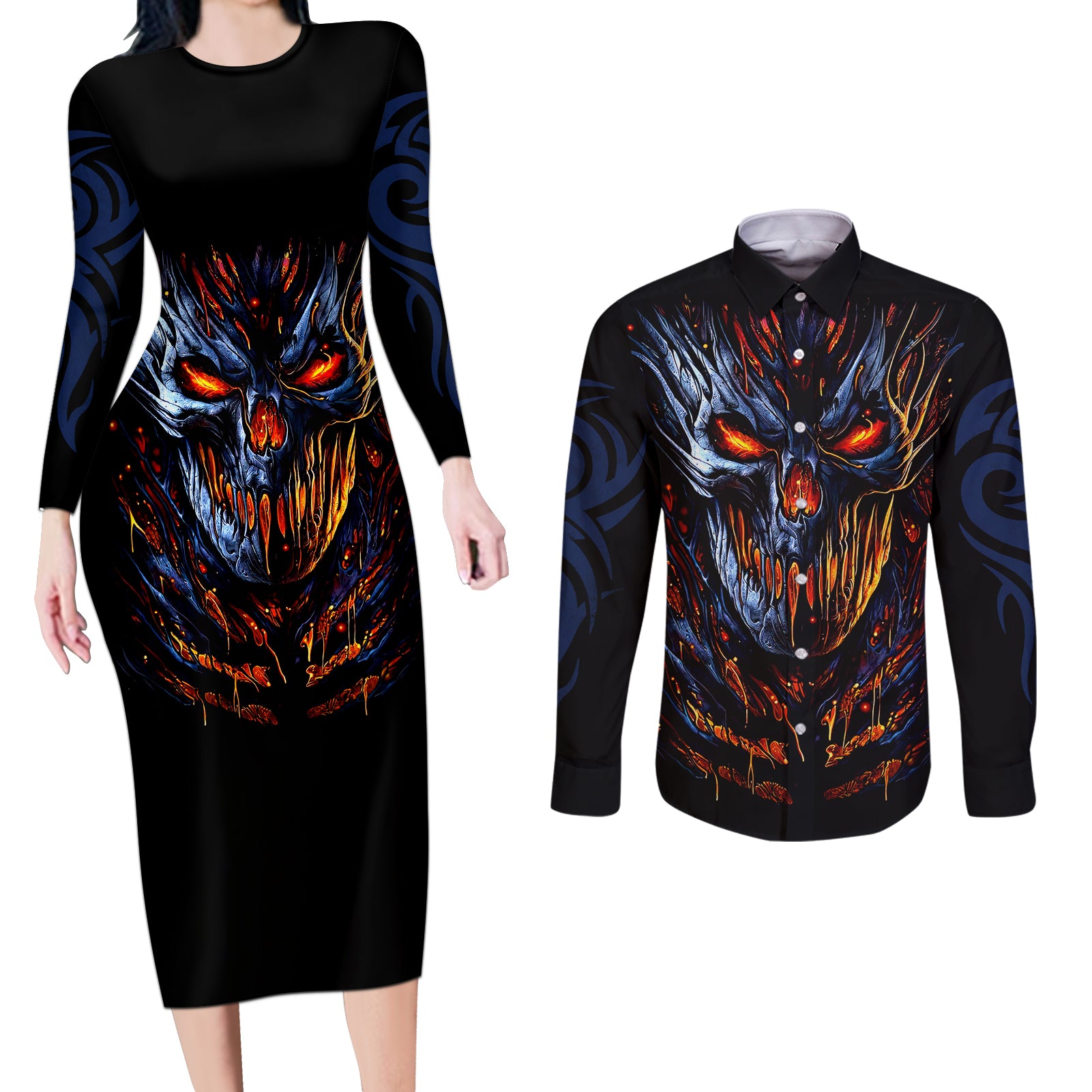 Devil Skull Couples Matching Long Sleeve Bodycon Dress and Long Sleeve Button Shirts Devil Face Scream - Wonder Print Shop