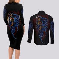 Devil Skull Couples Matching Long Sleeve Bodycon Dress and Long Sleeve Button Shirts Devil Face Scream - Wonder Print Shop