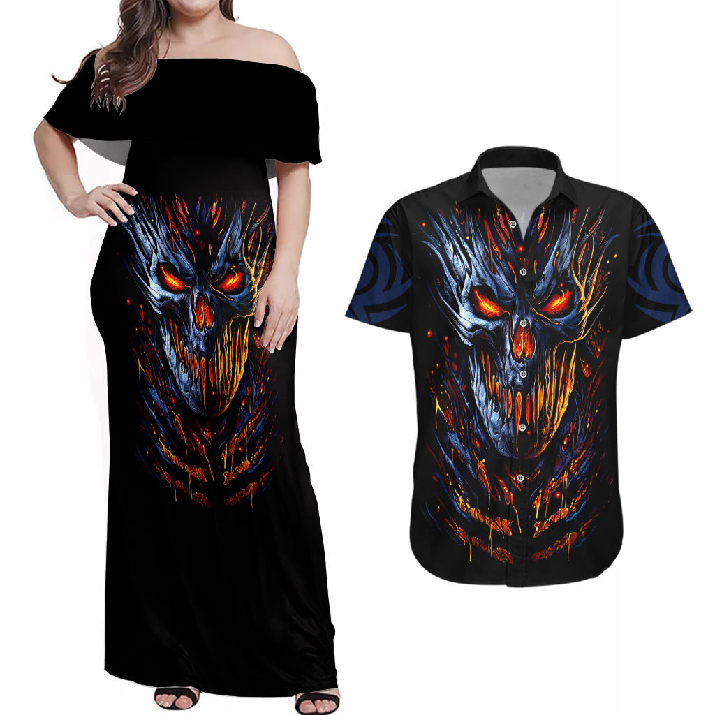 Devil Skull Couples Matching Off Shoulder Maxi Dress and Hawaiian Shirt Devil Face Scream - Wonder Print Shop