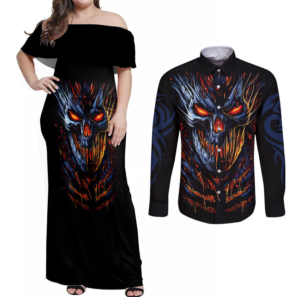 Devil Skull Couples Matching Off Shoulder Maxi Dress and Long Sleeve Button Shirts Devil Face Scream - Wonder Print Shop