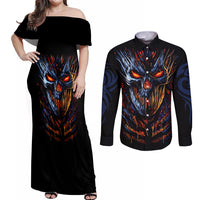 Devil Skull Couples Matching Off Shoulder Maxi Dress and Long Sleeve Button Shirts Devil Face Scream - Wonder Print Shop