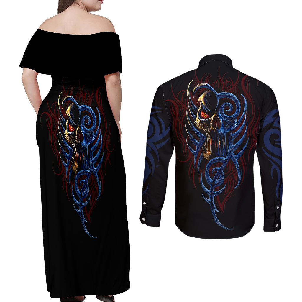 Devil Skull Couples Matching Off Shoulder Maxi Dress and Long Sleeve Button Shirts Devil Face Scream - Wonder Print Shop