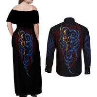 Devil Skull Couples Matching Off Shoulder Maxi Dress and Long Sleeve Button Shirts Devil Face Scream - Wonder Print Shop