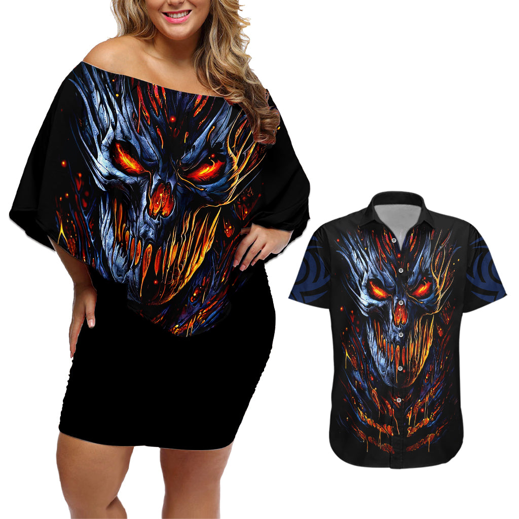 Devil Skull Couples Matching Off Shoulder Short Dress and Hawaiian Shirt Devil Face Scream - Wonder Print Shop