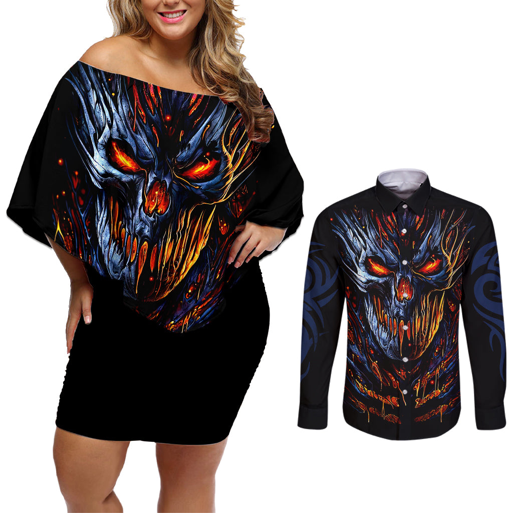 Devil Skull Couples Matching Off Shoulder Short Dress and Long Sleeve Button Shirts Devil Face Scream - Wonder Print Shop