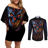 Devil Skull Couples Matching Off Shoulder Short Dress and Long Sleeve Button Shirts Devil Face Scream - Wonder Print Shop