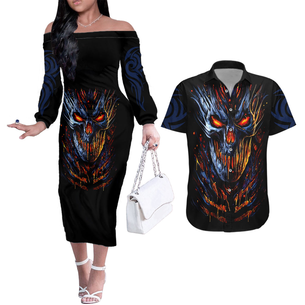 Devil Skull Couples Matching Off The Shoulder Long Sleeve Dress and Hawaiian Shirt Devil Face Scream - Wonder Print Shop