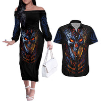 Devil Skull Couples Matching Off The Shoulder Long Sleeve Dress and Hawaiian Shirt Devil Face Scream - Wonder Print Shop