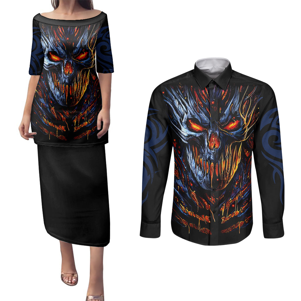 Devil Skull Couples Matching Puletasi Dress and Long Sleeve Button Shirts Devil Face Scream - Wonder Print Shop