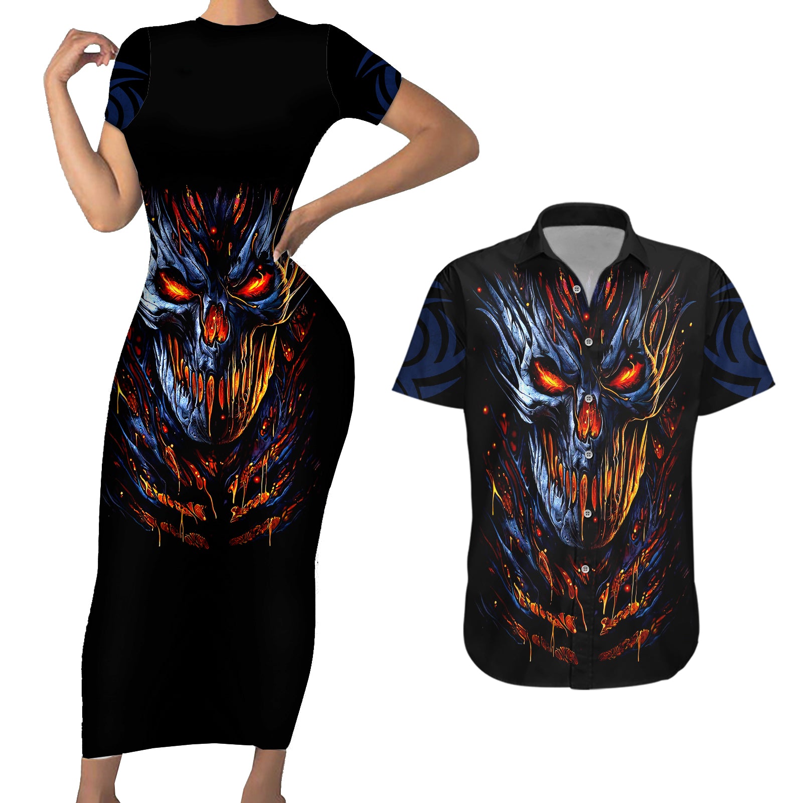 Devil Skull Couples Matching Short Sleeve Bodycon Dress and Hawaiian Shirt Devil Face Scream - Wonder Print Shop