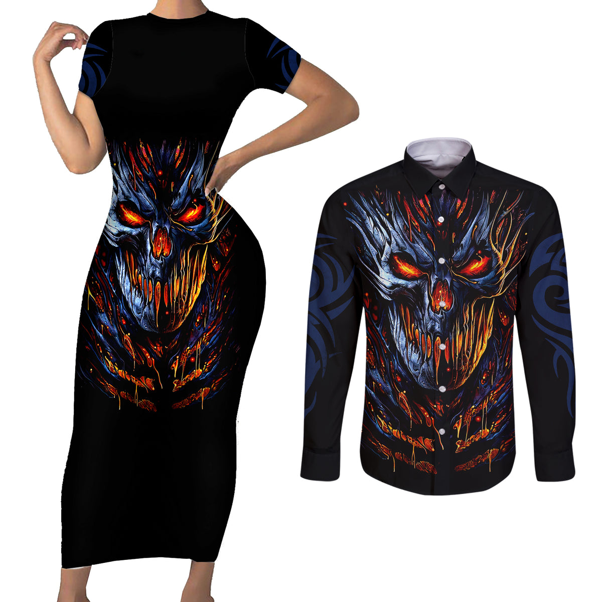 Devil Skull Couples Matching Short Sleeve Bodycon Dress and Long Sleeve Button Shirts Devil Face Scream - Wonder Print Shop