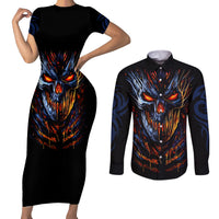 Devil Skull Couples Matching Short Sleeve Bodycon Dress and Long Sleeve Button Shirts Devil Face Scream - Wonder Print Shop