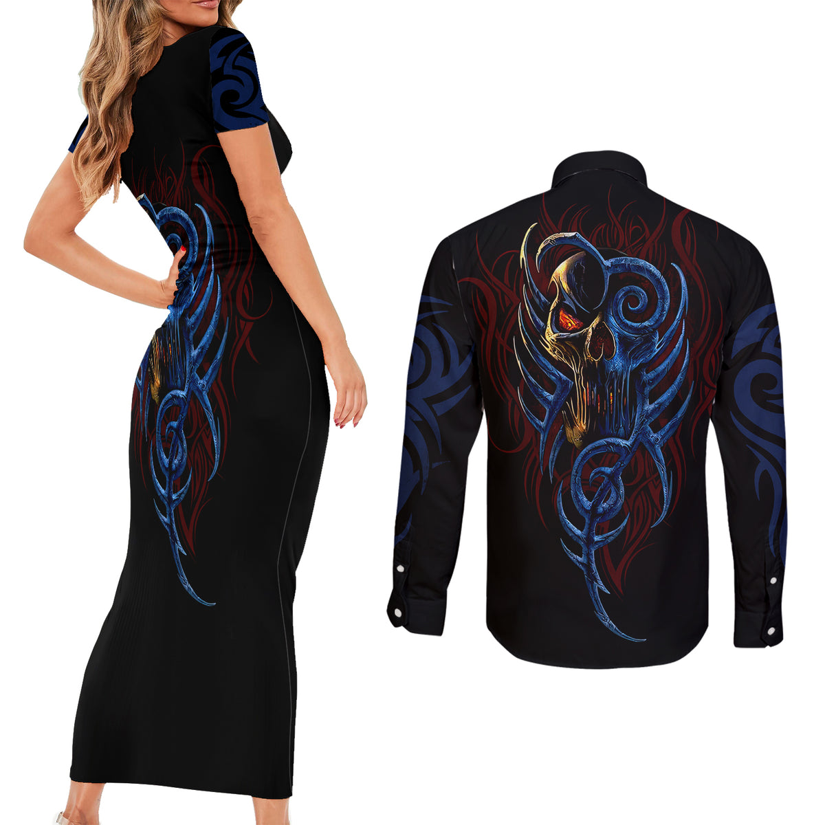 Devil Skull Couples Matching Short Sleeve Bodycon Dress and Long Sleeve Button Shirts Devil Face Scream - Wonder Print Shop