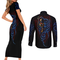 Devil Skull Couples Matching Short Sleeve Bodycon Dress and Long Sleeve Button Shirts Devil Face Scream - Wonder Print Shop