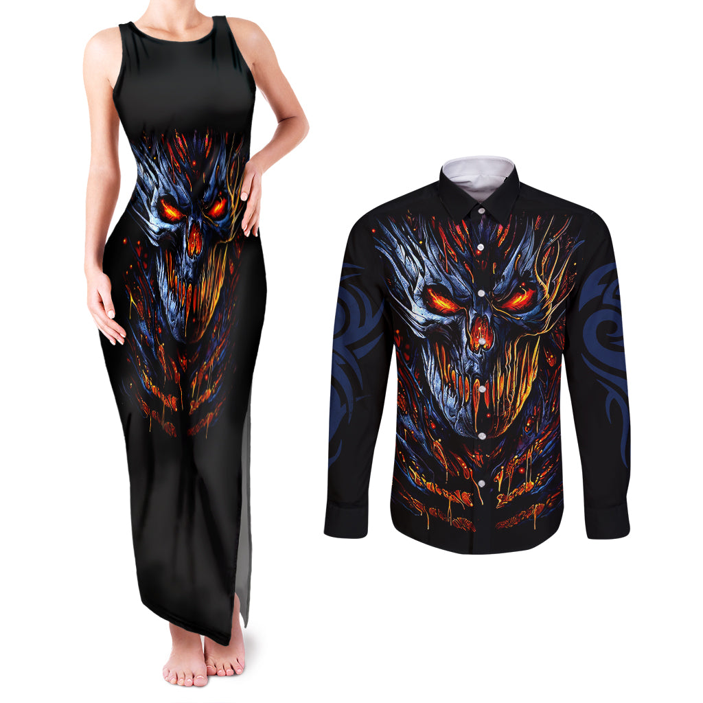 Devil Skull Couples Matching Tank Maxi Dress and Long Sleeve Button Shirts Devil Face Scream - Wonder Print Shop
