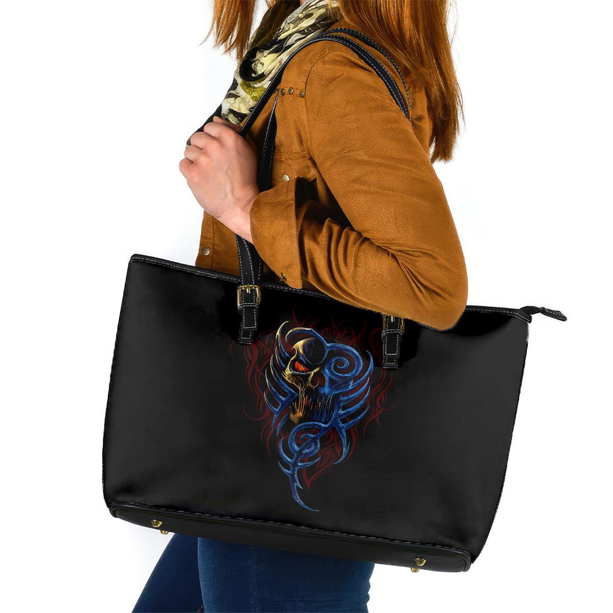 Devil Skull Leather Tote Bag Devil Face Scream - Wonder Print Shop